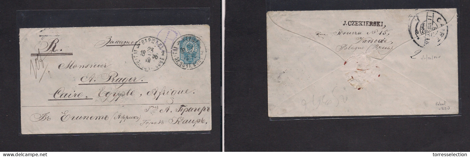 POLAND. 1896 (23 July) Russian PO Warsaw - Egypt, Cairo (2 Aug) Registered 20 Kop Blue Stat Env. Arrival Reverse. Very S - Sonstige & Ohne Zuordnung