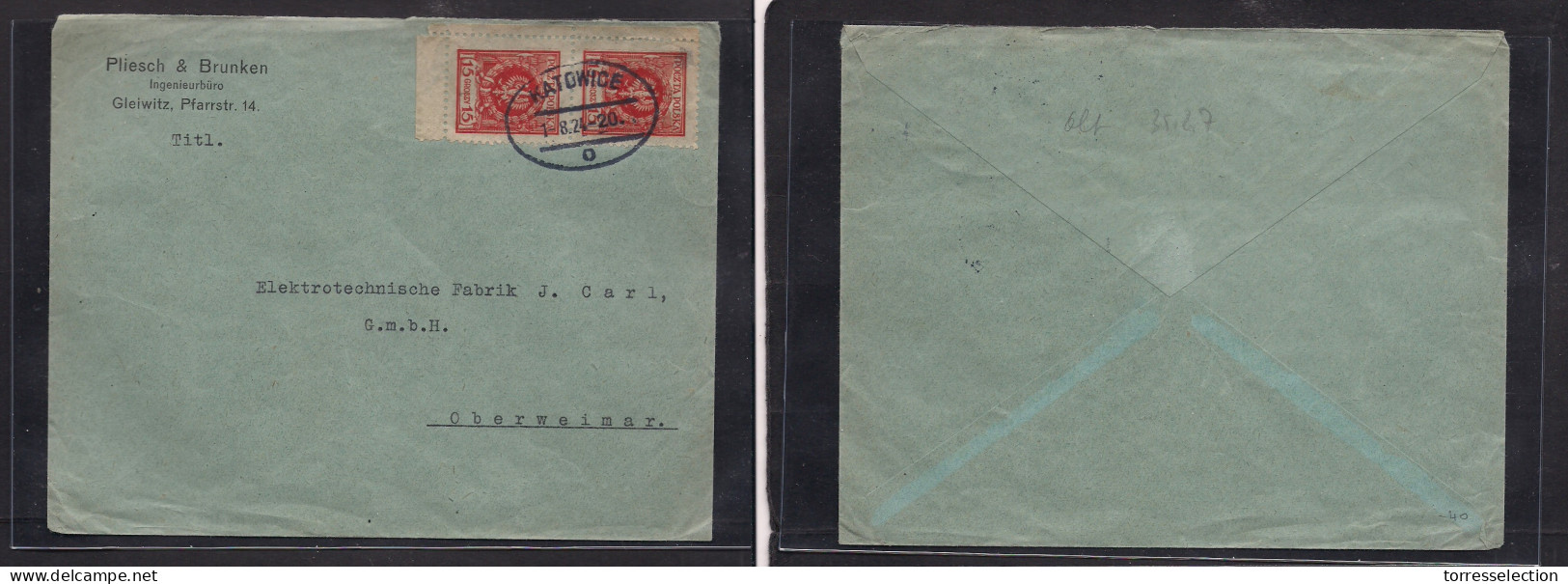 POLAND. 1924 (1 Aug) Katowice - Oberweimar. Comercial Multifkd Env, 30 Gr Rate + Oval Town Cahcet. VF Lovely Usage. - Sonstige & Ohne Zuordnung