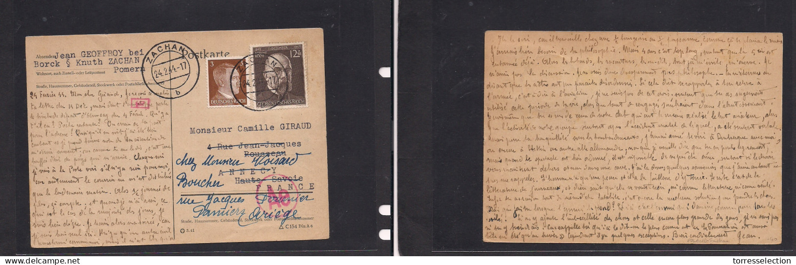 POLAND. 1944 (24 Febr) Zachan - France, Anney. Multifkd Hitler Fkd Card + Censored. Long Family Text. - Altri & Non Classificati