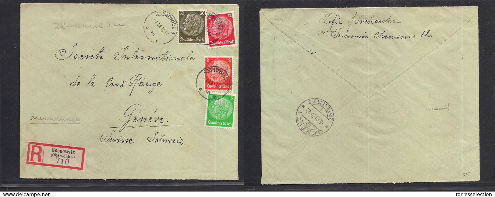 POLAND. 1939 (4 Dec) Nazi Occup. Sosnowiec - Switzerland, Geneva (6 Dec) Registered Multifkd Env. Red Cross Mail. Mns Ce - Altri & Non Classificati