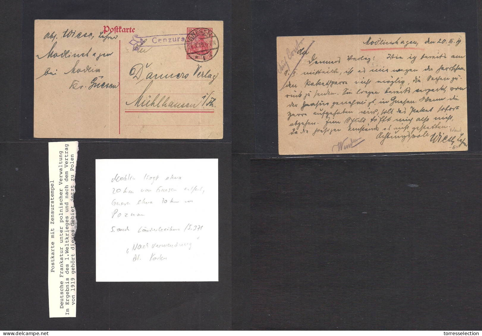 POLAND. 1919 (20 - 23 March) Modlinhagen - Mulhlhausen, Germany, Germania. 10 Pf Red Stat Card Cancelled Gnesen + Depart - Altri & Non Classificati
