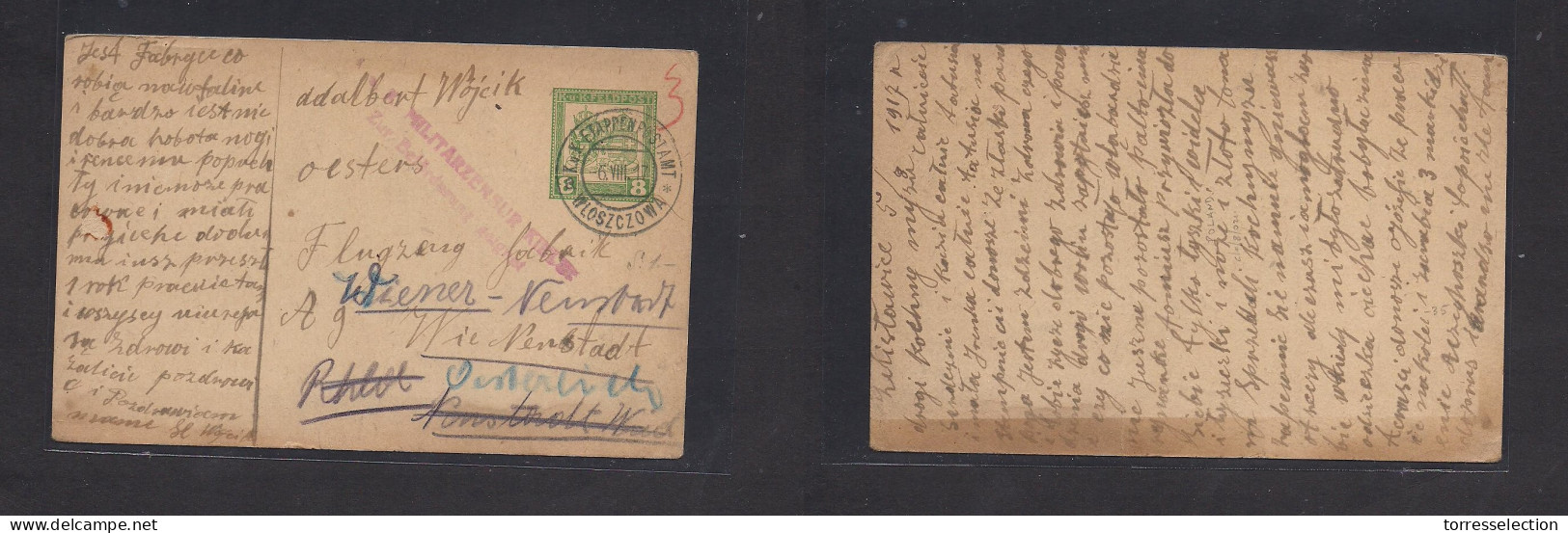 POLAND. 1917 (5-6 Aug) Kelistawice, Wloszczowa - Austria, Neustadt. Kk Feld Post 8 Green Stat Card + Censor. - Altri & Non Classificati