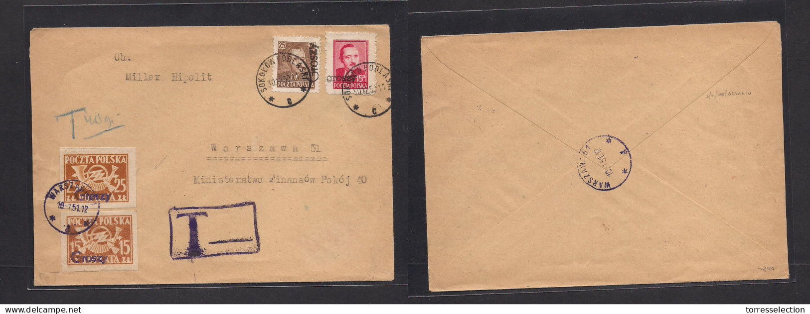 POLAND. 1950 (30 Dec) Grosky, Sokolow - Warsaw (10 Jan 51) Multifkd Env Ovptd Usage + Taxed + Local Postage Due (x2) Tie - Altri & Non Classificati