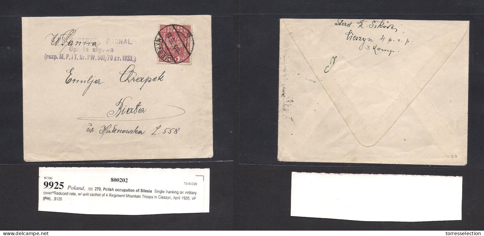 POLAND. 1935 (8 Apr) Polish Ocupp Of Silesia. Cieszyn - Braba. Fkd Env + Military Cachet. VF. - Altri & Non Classificati