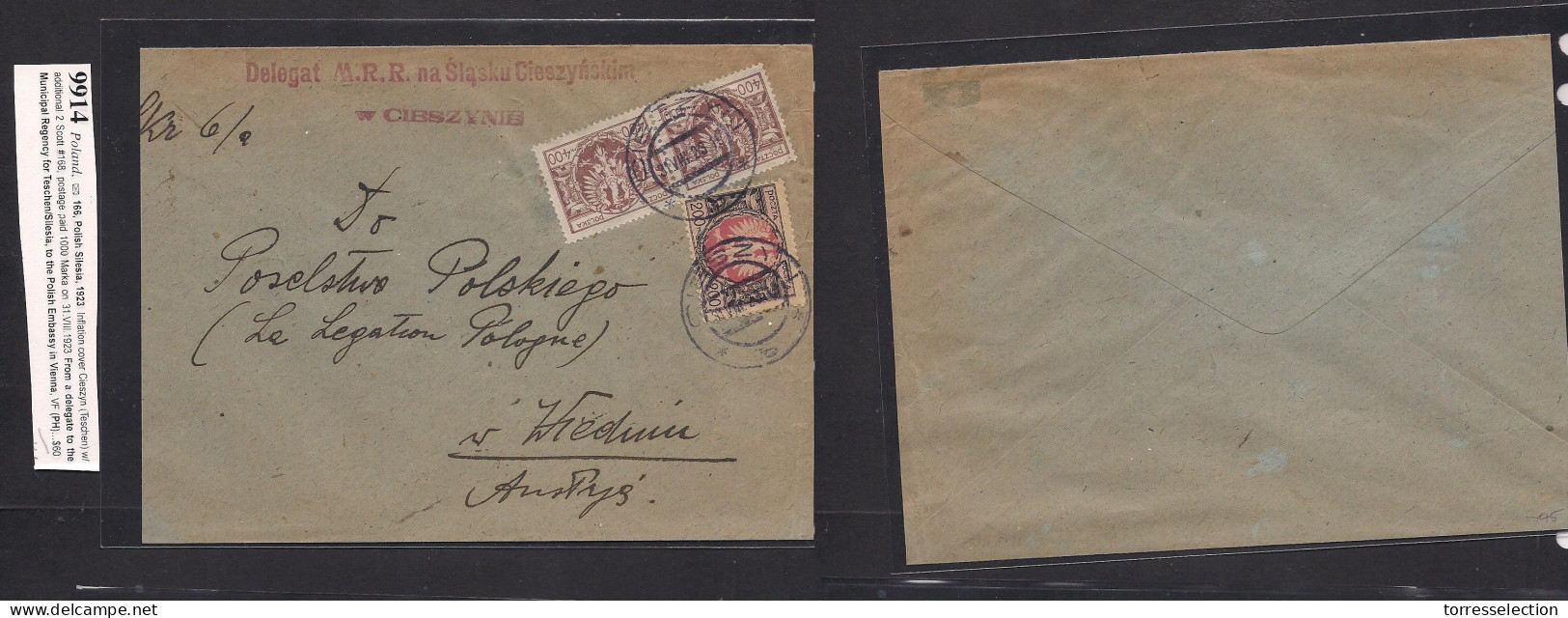 POLAND. 1923 (31 Aug) Silesia, Inflation Time. Aeszvnie - Wien, Austria. Addressed To Polish Embassy. Consular Mail. 100 - Altri & Non Classificati