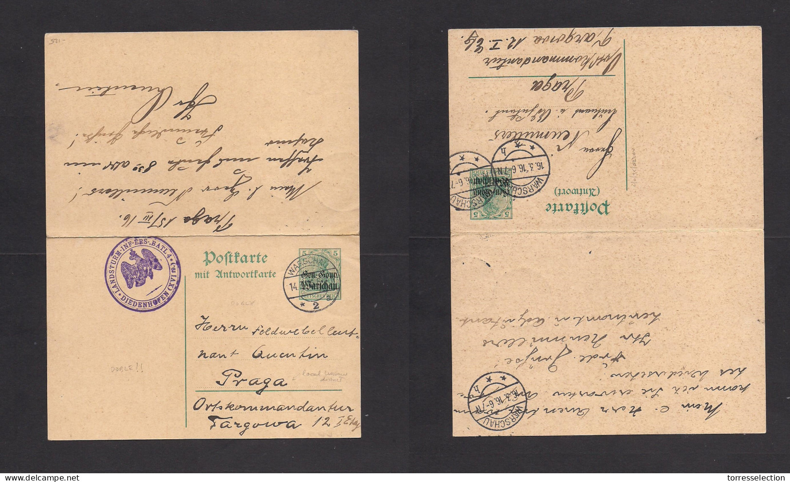 POLAND. 1916 (15 March) A Doble Proper Stat Usage. Prague - Genova Ovptd Military Cachet Mail, Addressed To Prague, Czec - Altri & Non Classificati