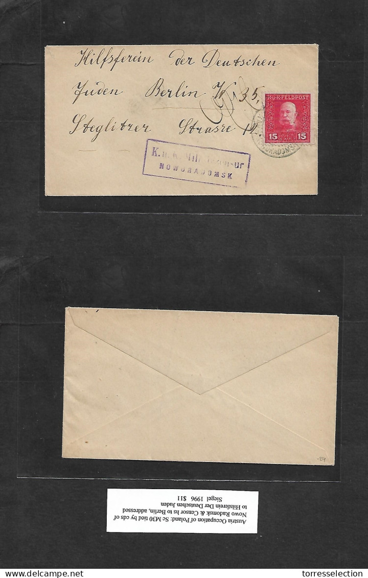 POLAND. C. 1917. Noworadomsk - Berlin, Germany. Fkd Env 15c Rate. Austrian Postal Adm Censor Cachet. VF. - Altri & Non Classificati