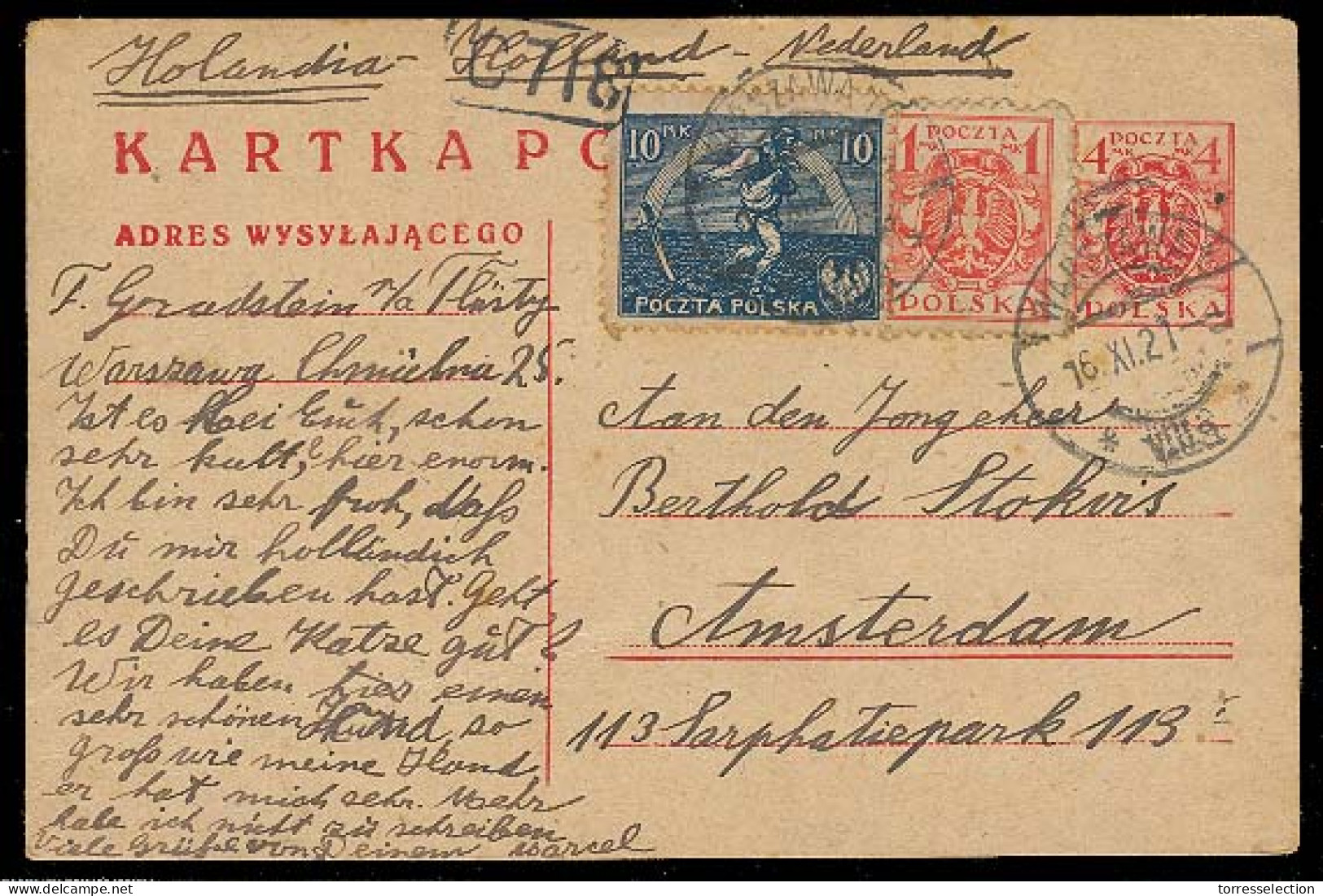 POLAND. 1921 (16 Nov). Warsaw - Netherlands. 4 Mk Stat Card + 2 Adtls. Fine Circulated Item. - Altri & Non Classificati