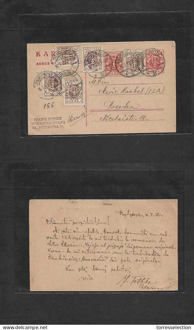 POLAND. 1922 (16 July) Bydoszcz - Germany, Dresden. 4ck Red Stat Card + 6 Adtls. Early Inflation Days. Fine. - Altri & Non Classificati