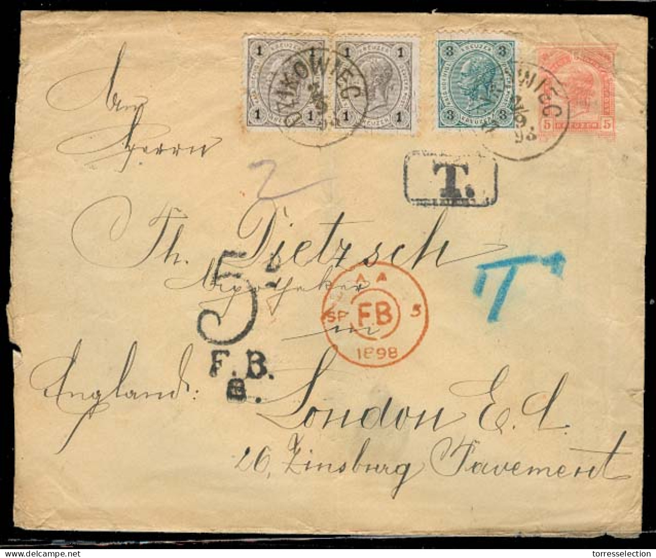 POLAND. 1898. Dzikowiec - UK. Austria 5kr Stat Env + 3 Adtls / Taxed. VF + Scarce Overseas Usage / Taxed. - Altri & Non Classificati