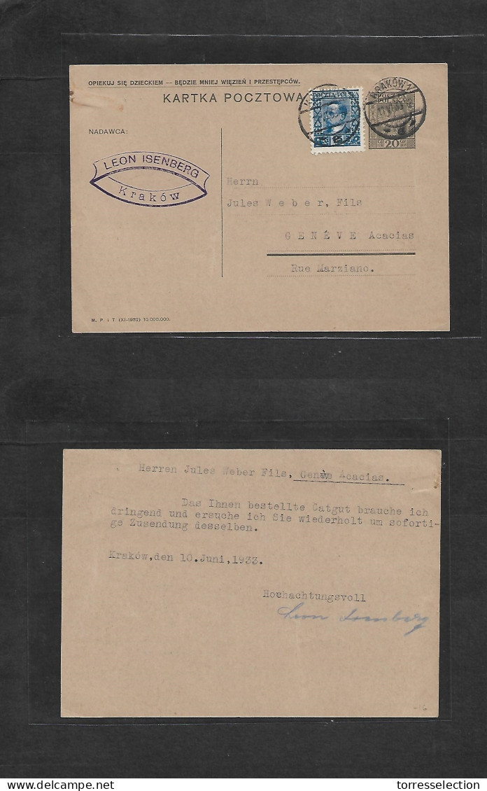 POLAND. 1933 (10 June) Krakow - Switzerland, Geneve. 20cp Stat Card + Adtl, Tied Cds. Fine. - Altri & Non Classificati