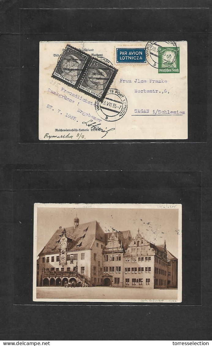 POLAND. 1935 (28 July) German Deutshen Reich Reply Half Proper Usage Back On Photo Ppc, With Adtl. Polish Stamp. Warsaw  - Altri & Non Classificati