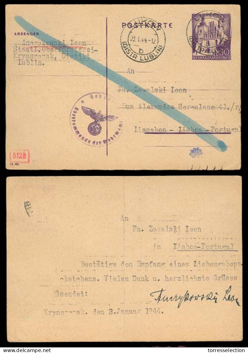 POLAND. 1944 (3 Jan). Lukow / Krynszazak - Lublin. German Occup. Period. Censored Stat Card To PORTUGAL. Very Scarce Per - Altri & Non Classificati