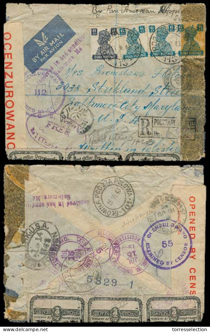 POLAND. 1943 (11 June). Polish Forces In India (101) / WW II. Registered Multifkd Env, Quadruple Censored To USA. Via Pa - Altri & Non Classificati