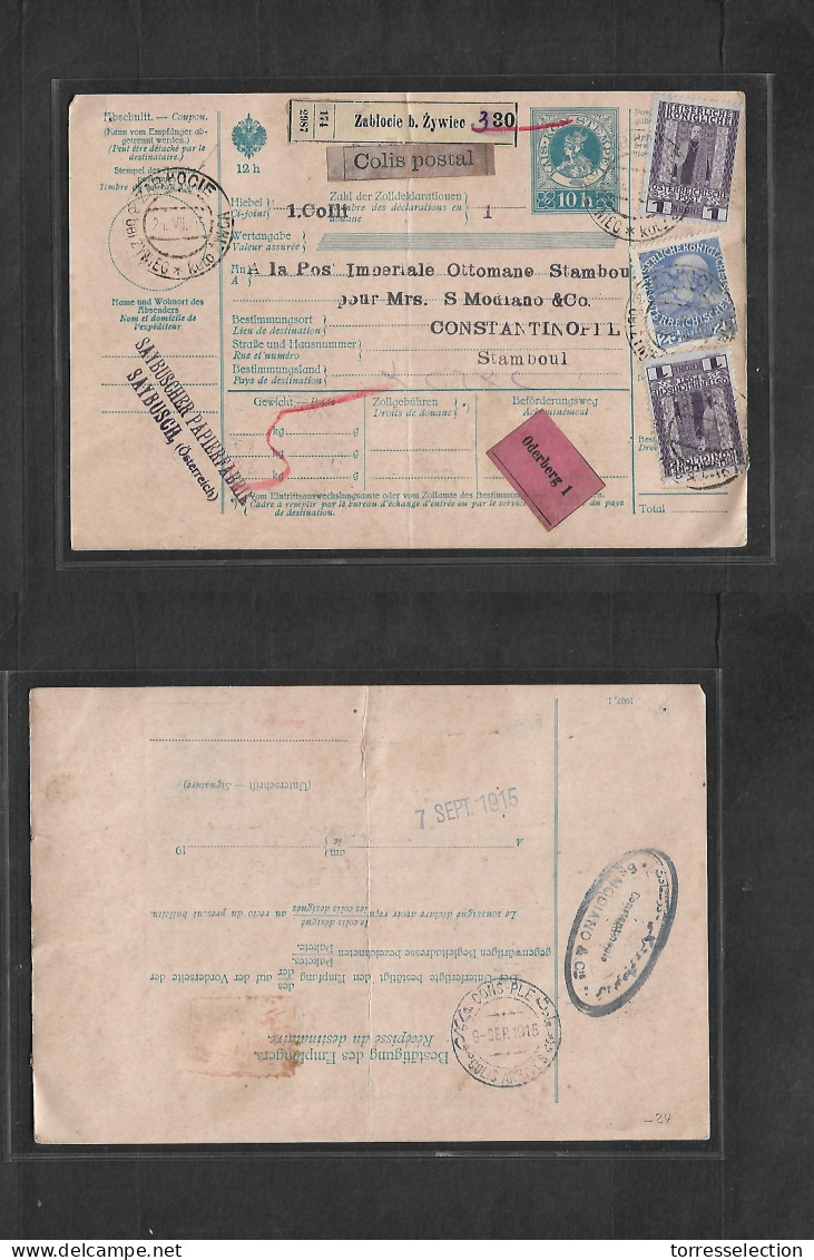 POLAND. 1915 (24 July) Austrian Postal Admin. Zablocie B. Zywiec - Levant, Constantinople, Turkey (6 Sept) Multifkd Pack - Altri & Non Classificati