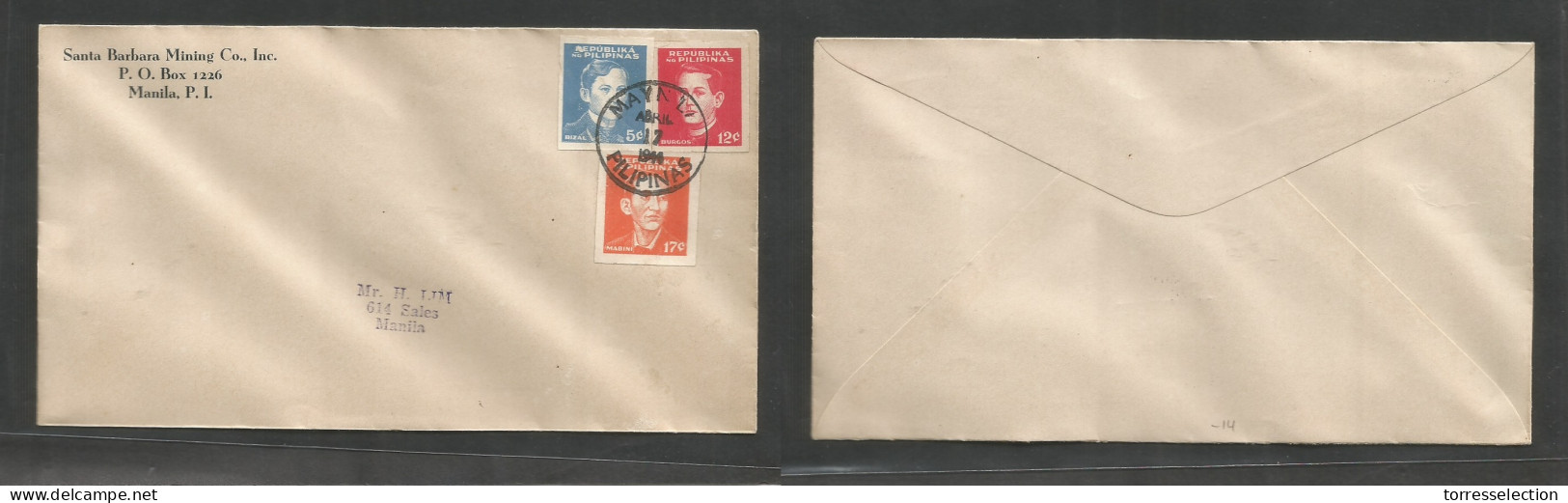 PHILIPPINES. 1944 (17 Apr) Japanesse Occup. Manila Local Usage Three Imperf Stranges, Tied Cds. Santa Barbara Missing Cº - Filipinas