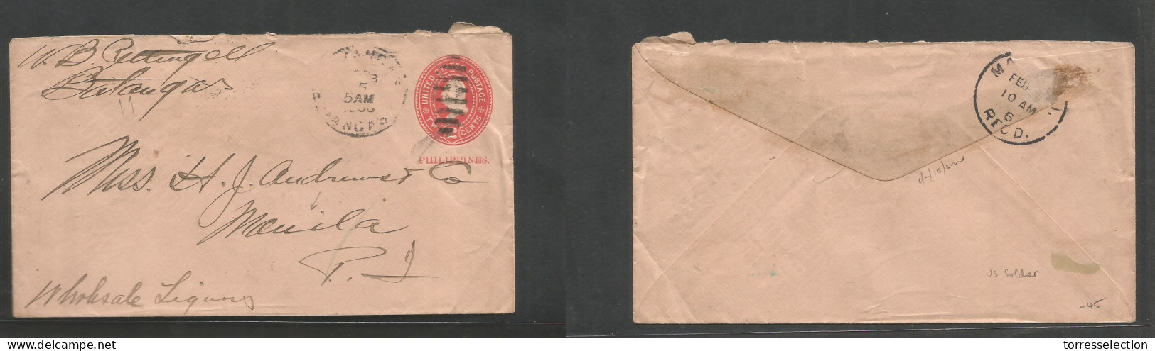 PHILIPPINES. 1900 (Feb 5) US Military Soldiers Mail. Batanzas - Manila. Arrival Reverse US 2c Red Ovptd Stat Env. Fine U - Philippines