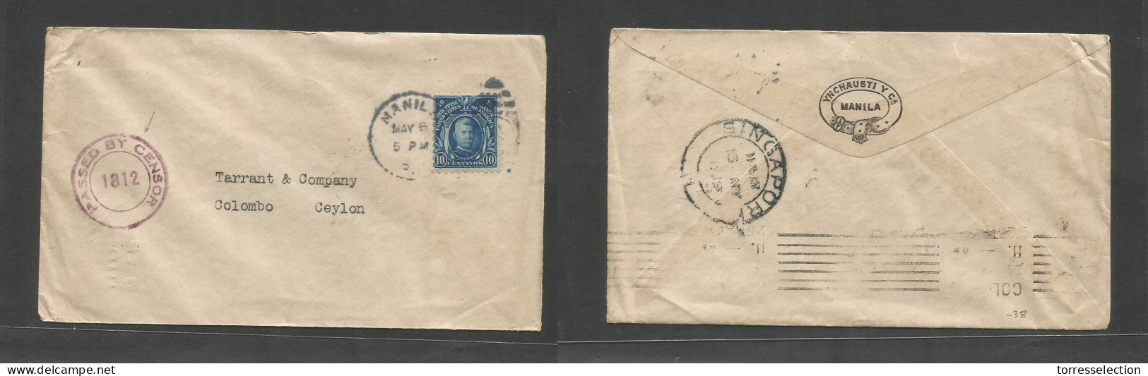 PHILIPPINES. 1919 (May 6) WWI. Manila - Ceylon, Colombo Via Singapore (13 May) Fkd Env + British Censored. Reverse Comer - Philippines