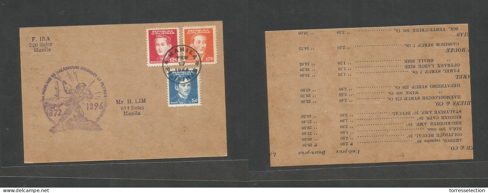 PHILIPPINES. 1944 (17 Febr) Japanese Occup. Manila Local Usage. Multifkd Card + Lilac Slogan War Cachet. Fine. Recycled  - Philippines