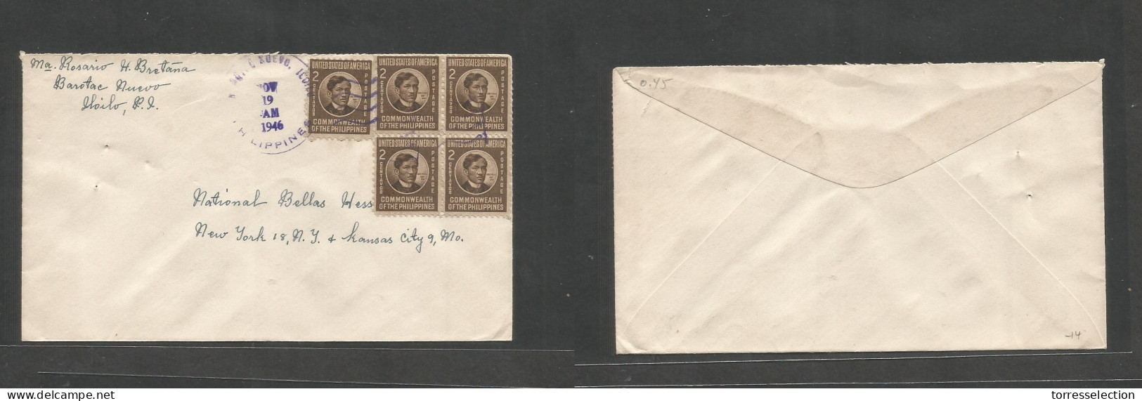 PHILIPPINES. 1946 (Nov 19) Barotac Nuevo, Ilo Ilo - USA, NYC. Multifkd Env. Nice Usage + Origin. - Philippines