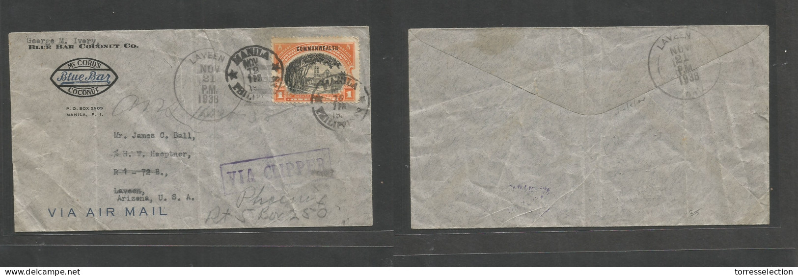 PHILIPPINES. 1938 (12 Nov) Manila - USA, Arizona, Lavia (21 Nov) Comercial Via Pacific Clipper Single Fkd Env + Military - Philippines