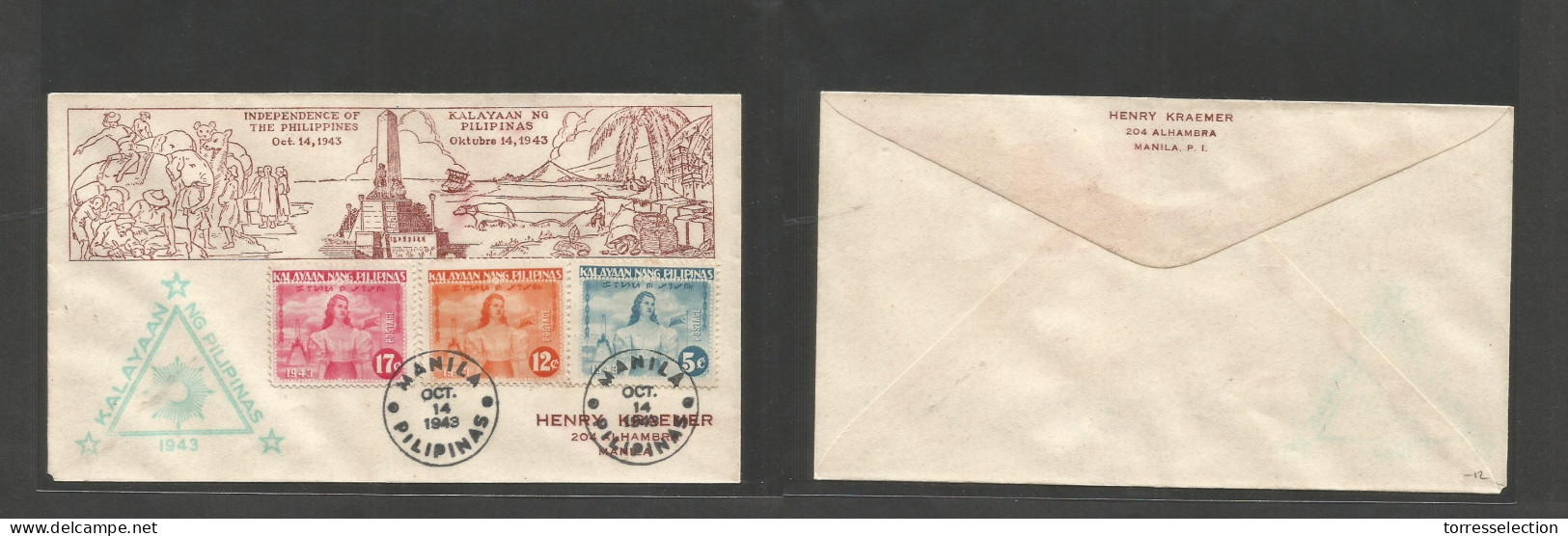 PHILIPPINES. 1943 (Oct 14) Japanese Occup. Manila Local Usage. Kalayaan Cachet. Independence Comm Multifkd Envelope. - Philippines