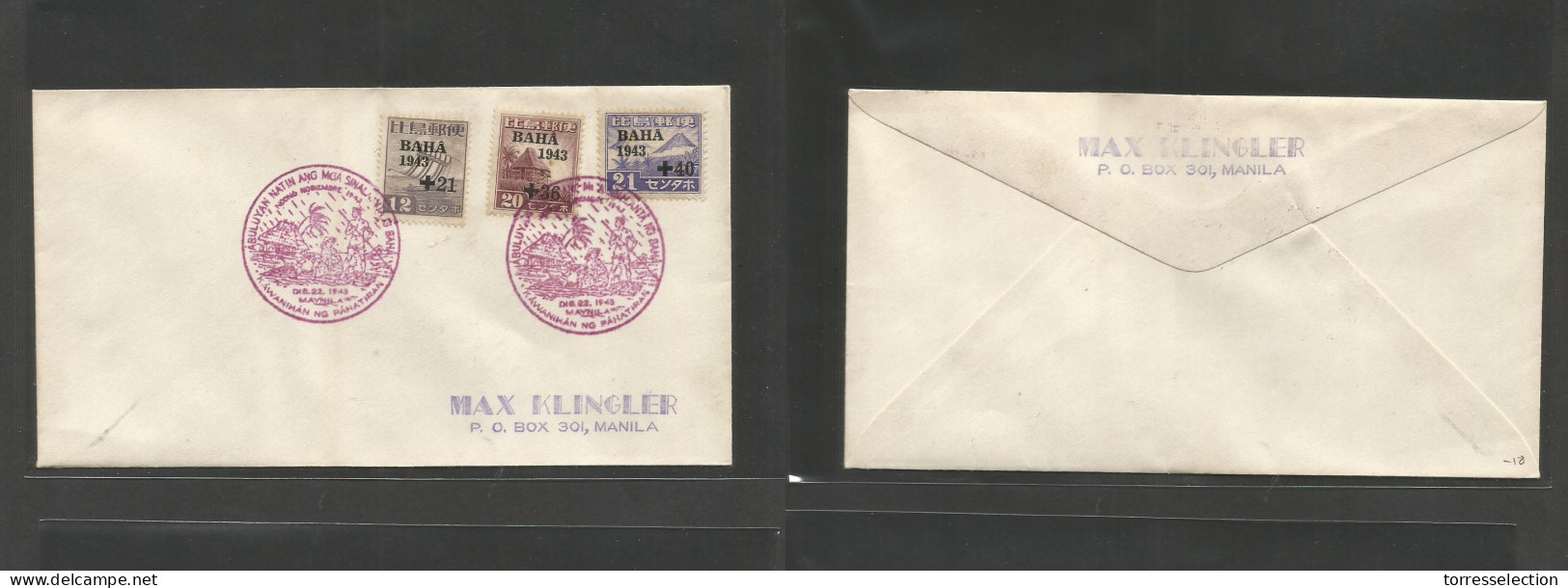 PHILIPPINES. 1943 (22 Dic) Japanese Occup. Ovptd Baha Issue. Multifkd Env + Red Comm Cachets. - Filipinas