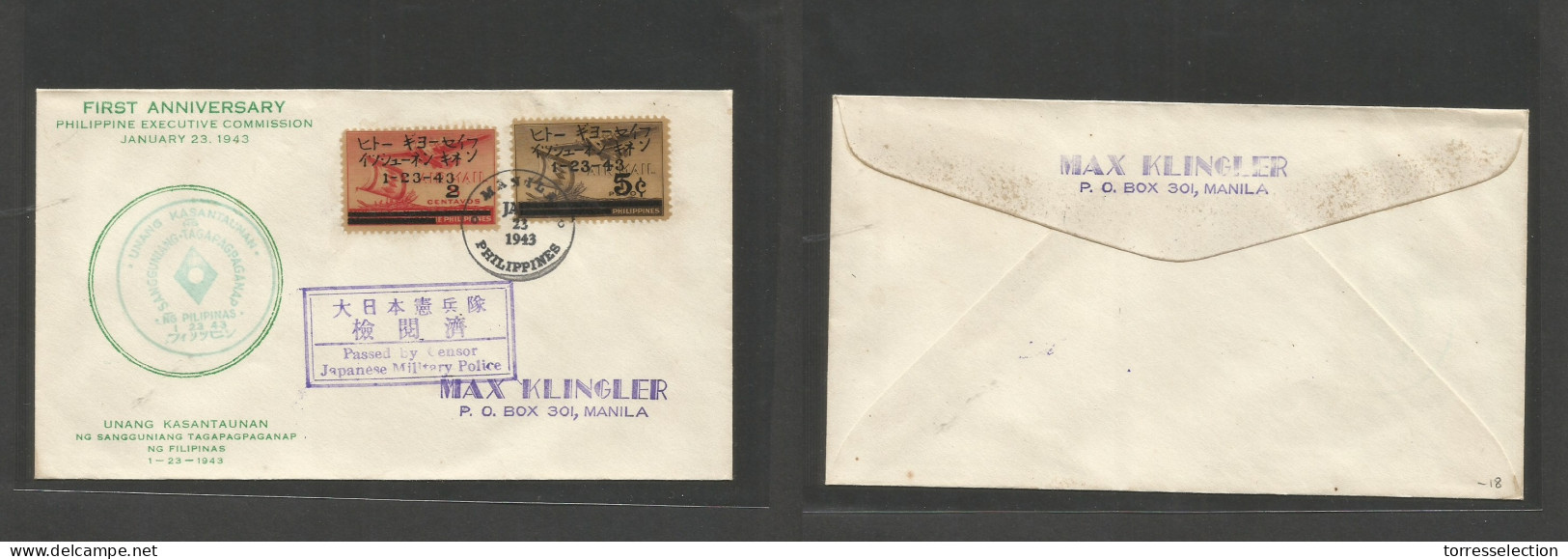 PHILIPPINES. 1943 (June 23) Japanese Occup. Manila Local Usage Censored + Ovptd Issues. Various Cachets. - Filipinas