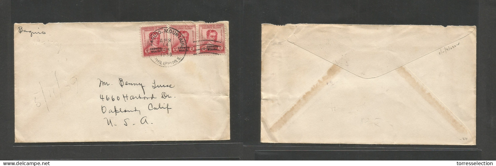 PHILIPPINES. 1939 (14 Apr) Baguio Mountains - USA, Oakland. Multifkd Env At 6c Rate, Rolling Cds. VF Origin. - Filippine
