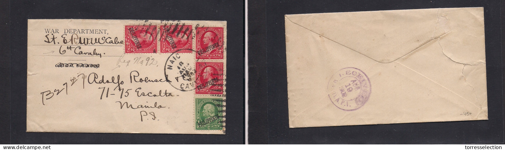 PHILIPPINES. 1902 (18 Aug) Naic, Cavite - Manila (19 Aug) US War Dept. Registered Local Multifkd Ovptd Issue Envelope At - Philippines