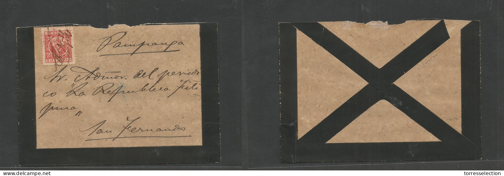 PHILIPPINES. 1899 (15 Febr) Aguinaldo Insurrect Issue. Bulacan - San Fernando, Pampanga. Fkd Env 2c Red, Tied Manuscript - Philippines