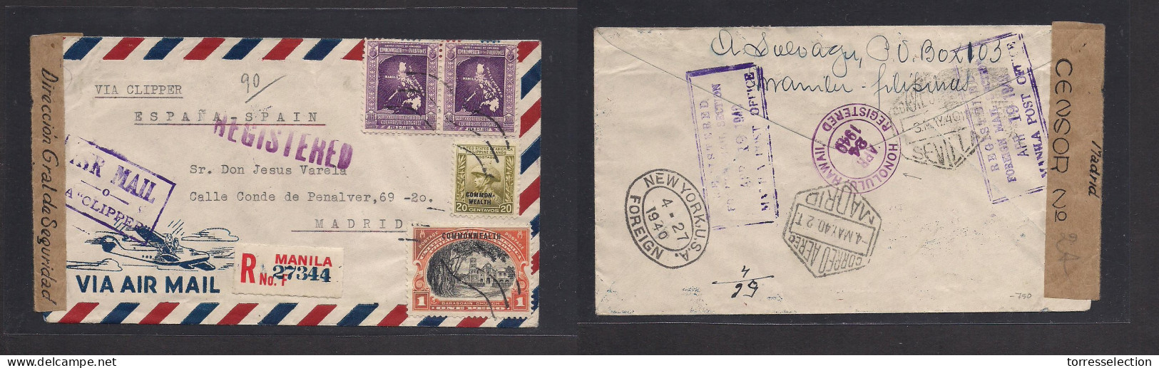 PHILIPPINES. 1940 (19 Apr) Manila - Spain, Madrid (4 May) Registered Multifkd Env Censored Envelope, Via Pacific + Atlan - Philippines