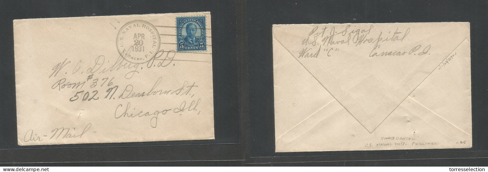 PHILIPPINES. 1931 (20 Apr) US Naval Hospital, Cañacao - USA, Chicago, Ill. Fkd Env 5c Blue, Tied Cds Grill. Airmail Endo - Filipinas