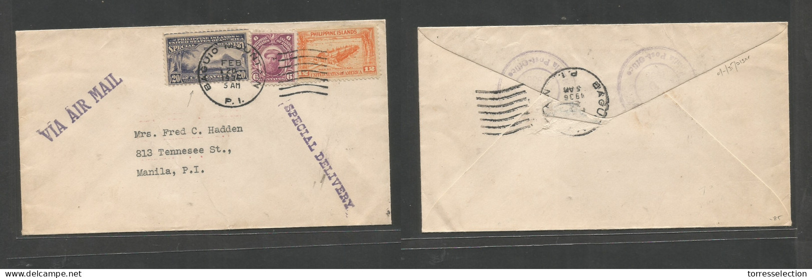 PHILIPPINES. 1936 (20 Febr) Baguio Mountain - Manila (20 Febr) Air Special Delivery Multifkd Env Incl Special 20c Lilac  - Philippines