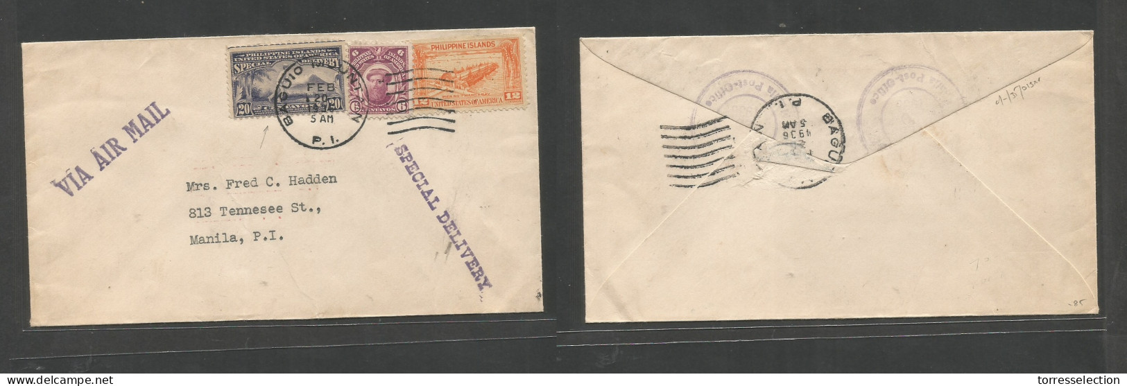 PHILIPPINES. 1936 (20 Febr) Baguio Mountain - Manila (20 Febr) Air Special Delivery Multifkd Env Incl Special 20c Lilac  - Philippinen