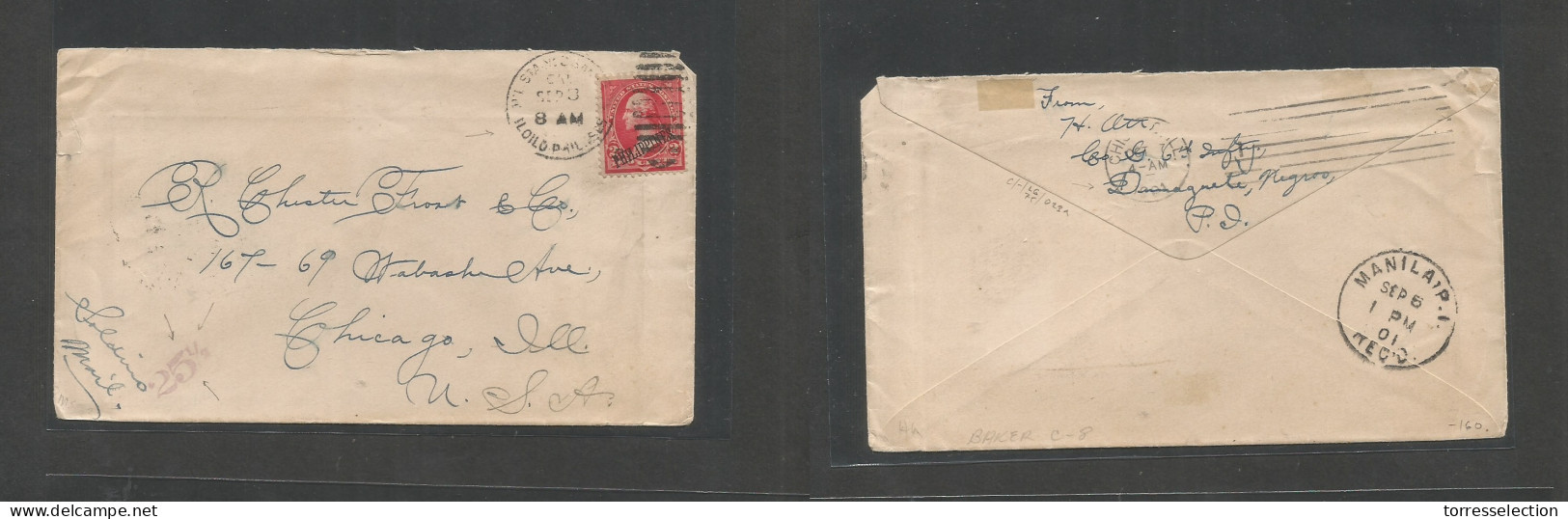 PHILIPPINES. 1901 (Sept 8) Mil Sta. IloIlo - USA, Chicago (7 Oct) US Ovptd Fkd Env, Cds Tied. Fine. Soldiers Mail + Taxe - Philippines