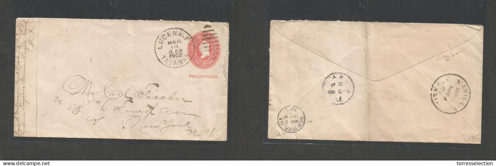 PHILIPPINES. 1902 (16 March) US Mail Admin. Lucena, Tayabas - USA, NYC (2 May) US 2c Red Ovptd Stat Env Cds. Scarce Orig - Philippines