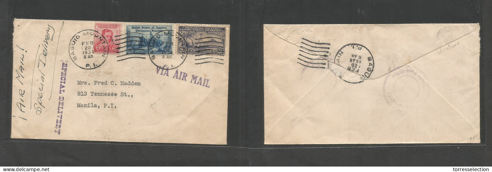 PHILIPPINES. 1936 (20 Febr) Baguio Mountain - Manila (20 Feb) Special Delivery Multifkd Env Incl Special 20c Lilac Strip - Philippines