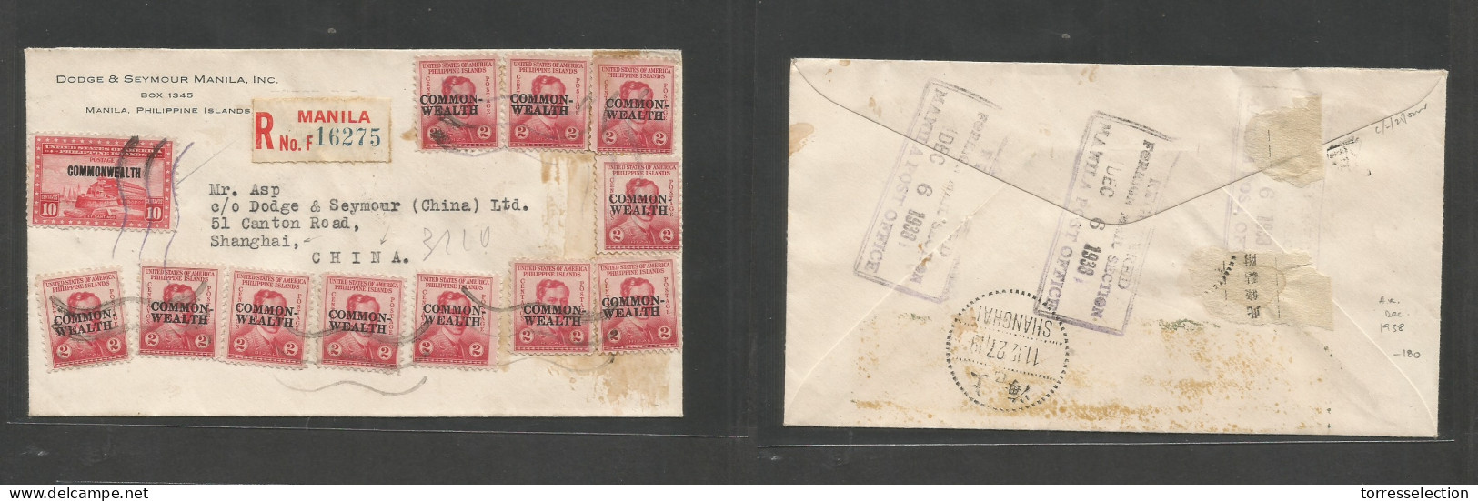 PHILIPPINES. 1938 (6 Dec) Manila - China, Shanghai (11 Dec) Japanese Occup Period. Registered AR Multifkd Env. Comercial - Filippine