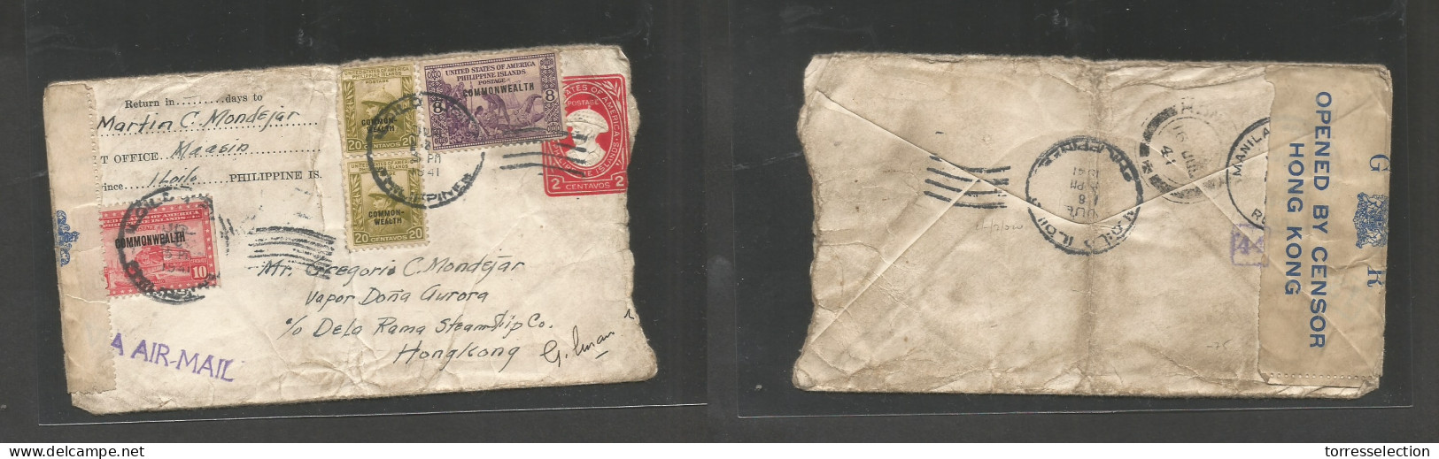 PHILIPPINES. 1941 (8 July) Ilo Ilo - Hong Kong (16 July), Vapor Doña Aurora. 2c Red Stat Env + 4 Adtls, Cds On Airmail U - Filipinas