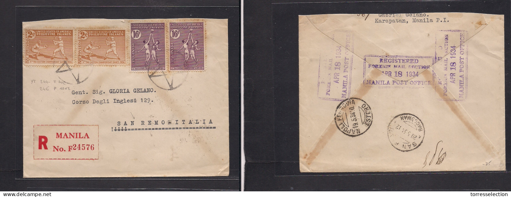 PHILIPPINES. 1934 (18 Apr) Manila - San Remo, Italy (19-20 May) Registered Multifkd Transited Envelope Sports Issue Bask - Filippine