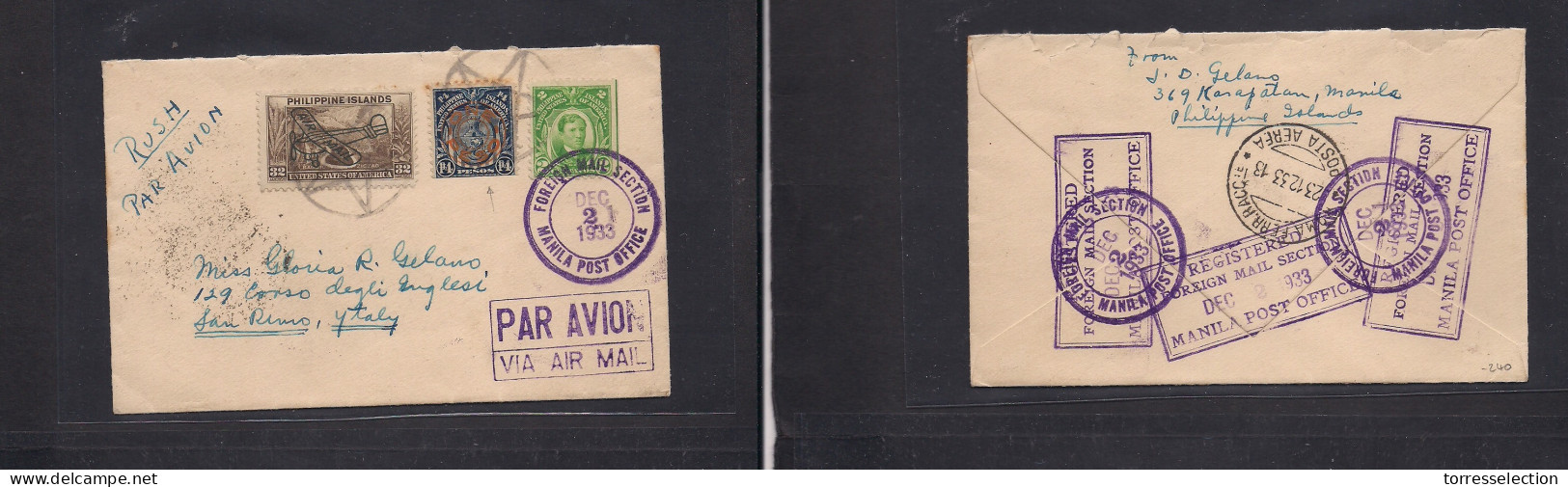 PHILIPPINES. 1933 (2 Dec) Kasapatan, Manila - San Remo, Italy (23 Dec) Air Multifkd Ovptd Issues Including 4 Pesos Red O - Filipinas
