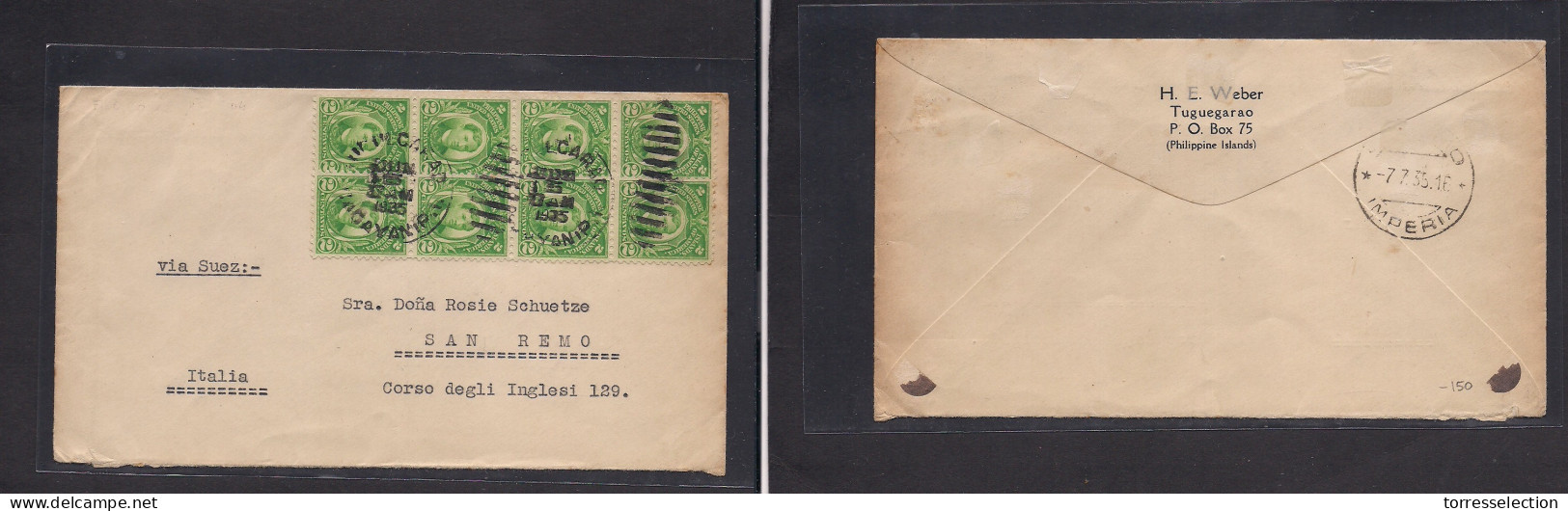 PHILIPPINES. 1935 (25 June) Tuguegarao, Cagayan - San Remo, Italy (7 July) Multifkd 2c Green Block Of Eight, Cancelled C - Philippinen