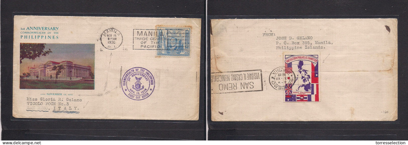 PHILIPPINES. 1936 (15 Nov) Manila - San Remo, Italy (3 Dec) Far Eastern Philatelic Exhibition. Feb 1937 Asian Expo. Fkd  - Filipinas