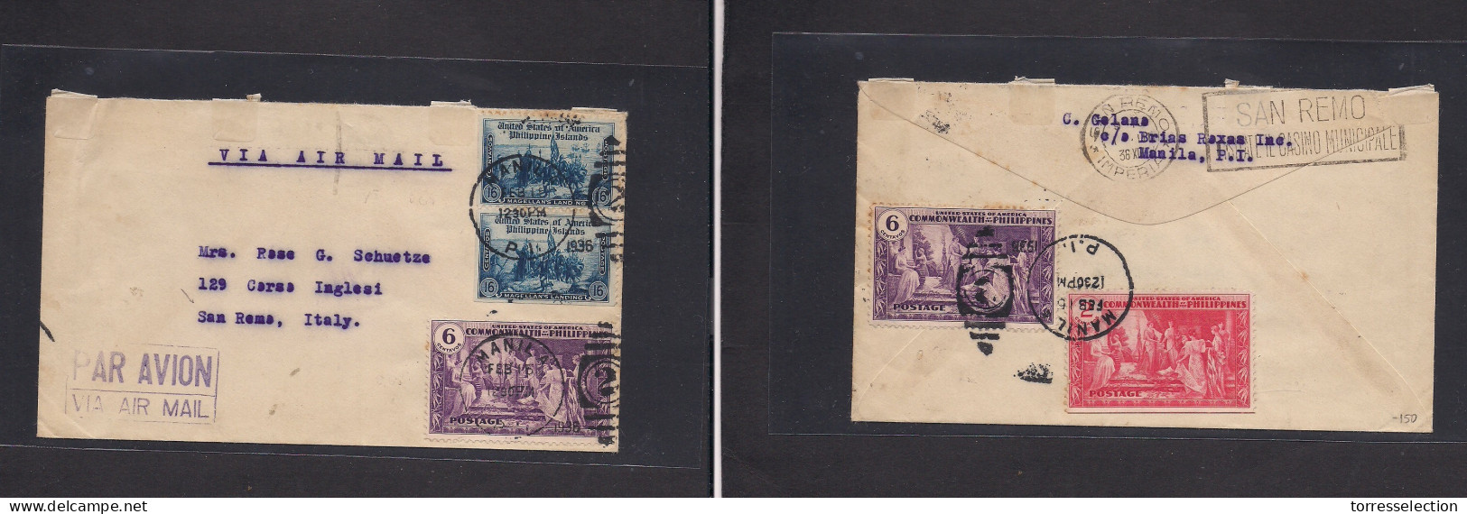 PHILIPPINES. 1936 (15 Feb) Manila - San Remo, Italy. Air Multifkd Env, Front And Reverse, Of This Newley Fwded Correspon - Philippines