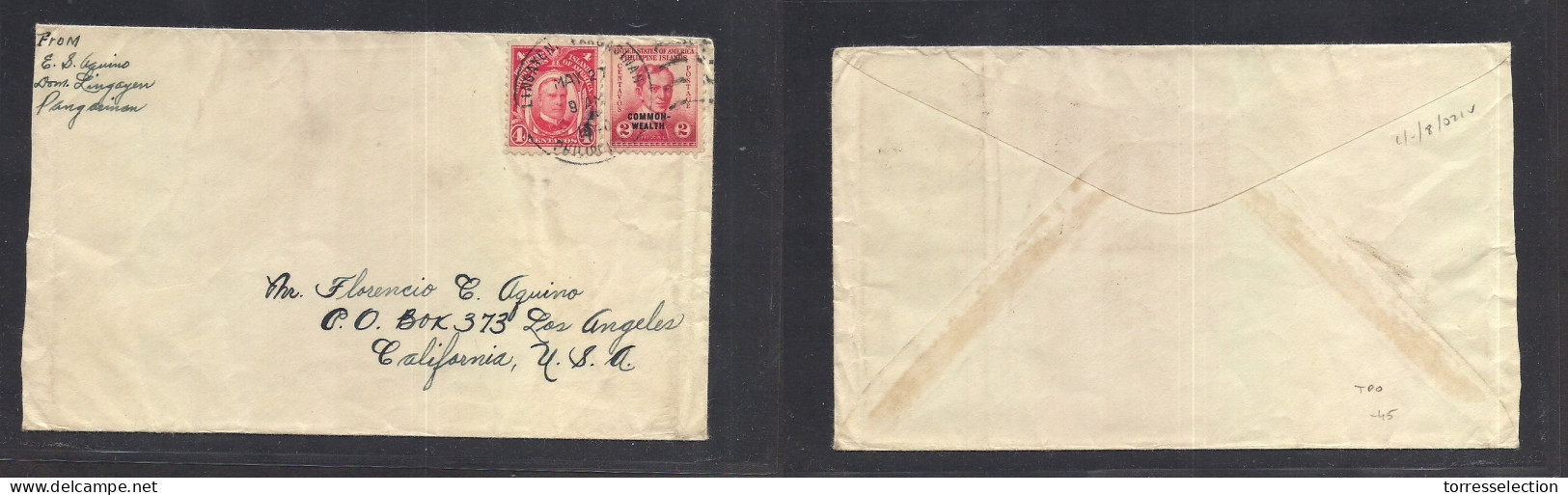 PHILIPPINES. 1940 (27 May) TPO Lingayen Pangasinan - USA, CA, LA. Mixed Issue Multifkd Env VF TPO Difficult To Read Comp - Philippinen