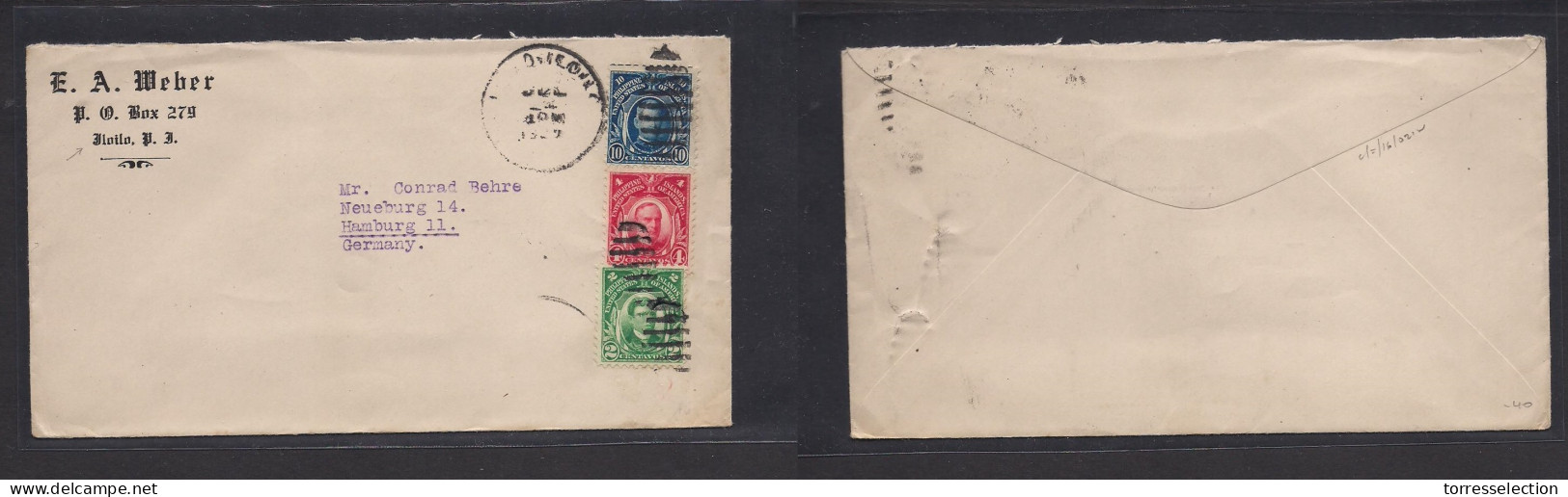 PHILIPPINES. 1927 (July 4) Iloilo - Germany, Hamburg. Tricolor Multifkd Env. Better Usage. - Filippine