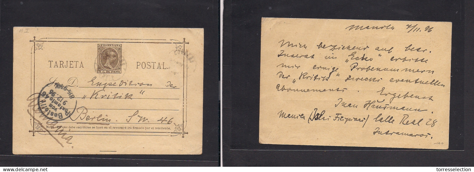 PHILIPPINES. 1896 (7 Nov) Manila - Berlin, Germany (9 Dec) 3c De Peso Pelon Gris Stat Card, Tied Cds + Arrival On Front. - Filippine