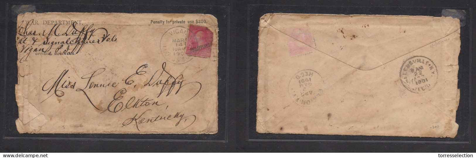 PHILIPPINES. 1901 (14 March) Vigan - USA, Kentucky, Elkton. Soldiers Mail. Legal Official War Fkd Env. Very Scarce Usage - Filippine