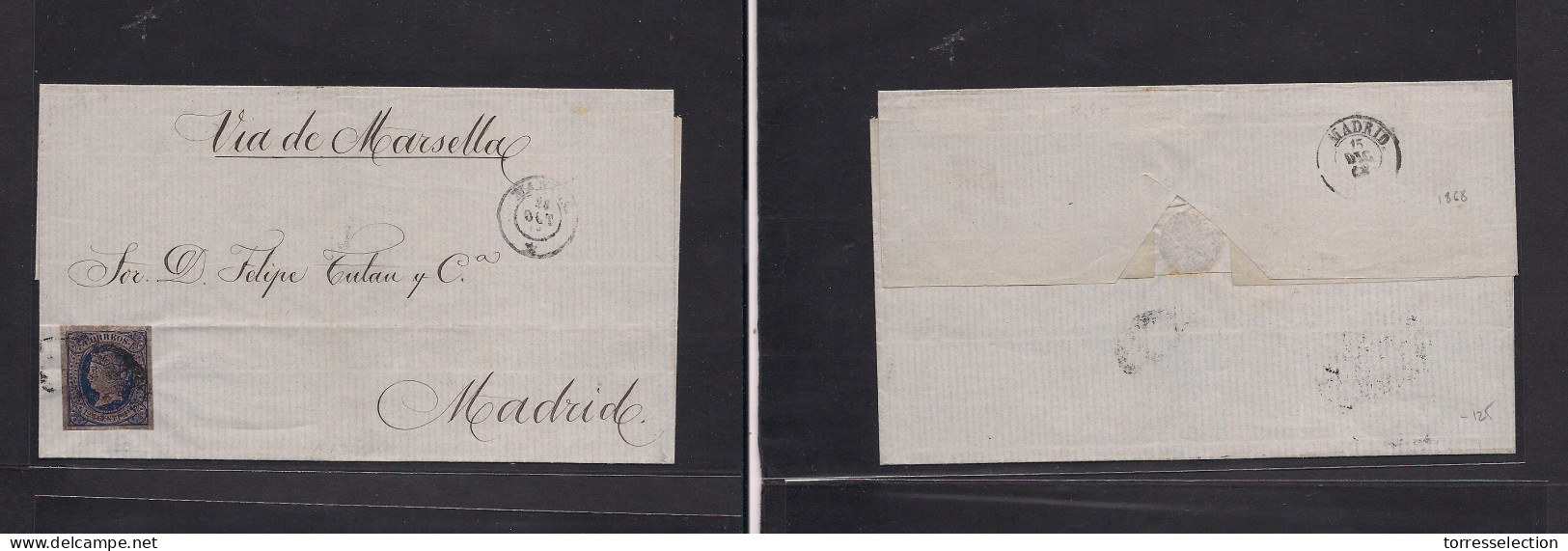 PHILIPPINES. 1868 (28 Oct) Manila - Madrid, Peninsula (15 Dic) E Franked 12 4/8 Blue, Good Margins, Tied Oval Grill, Cds - Philippines